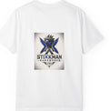 White t-shirt with Stixkman Darkwork logo on a white background