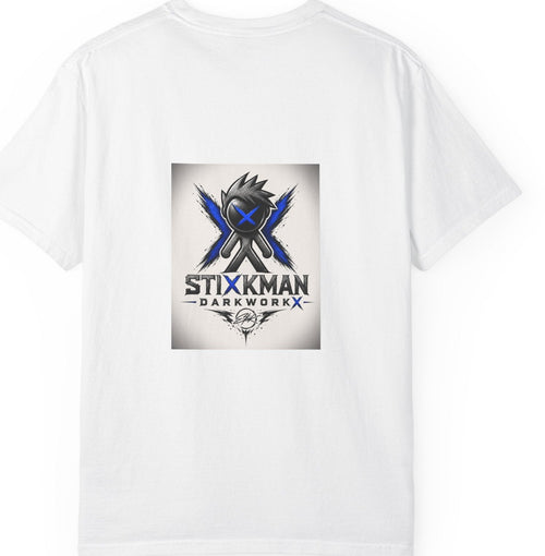 White t-shirt with Stixkman Darkwork logo on a white background